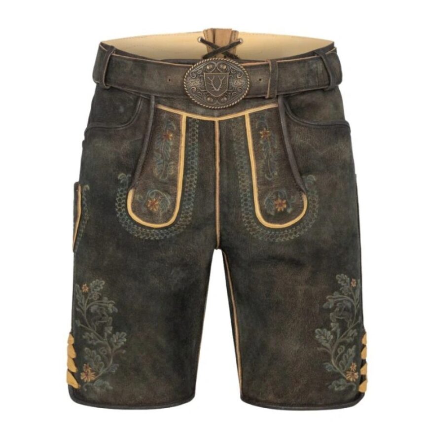 Full frontal view of Alpine Warrior German leather shorts in deep brown with bold stitching and embroidery