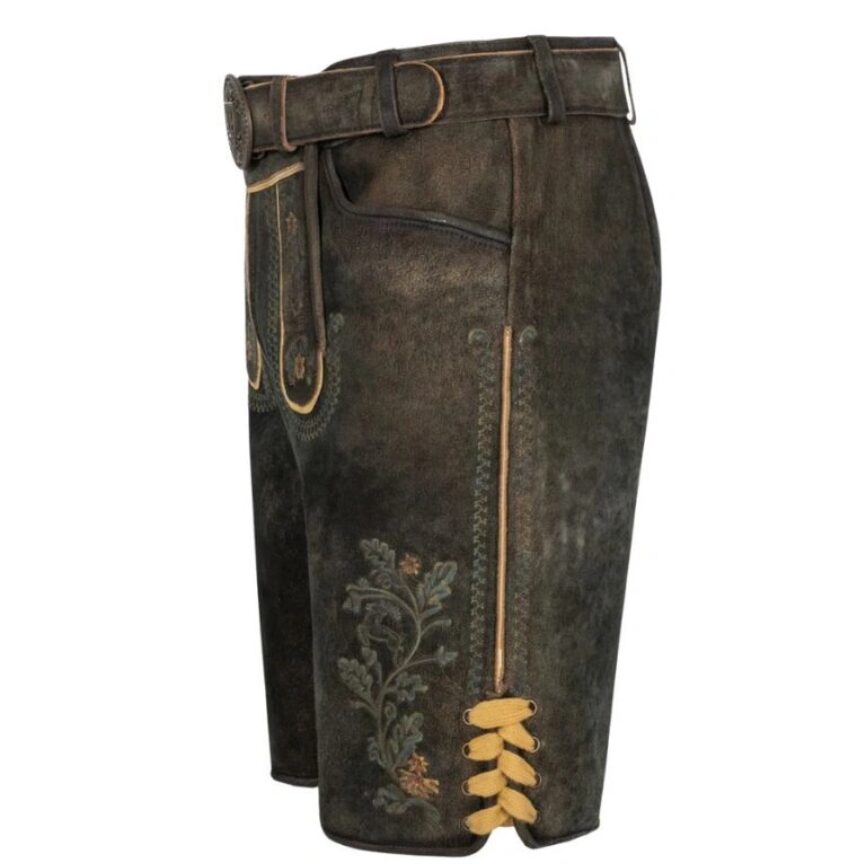 Left side view of Alpine Warrior lederhosen showcasing floral embroidery and mustard yellow lace details
