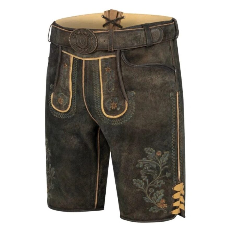 Front-left angle of Alpine Warrior Bavarian shorts with intricate patterns and rich earthy tones