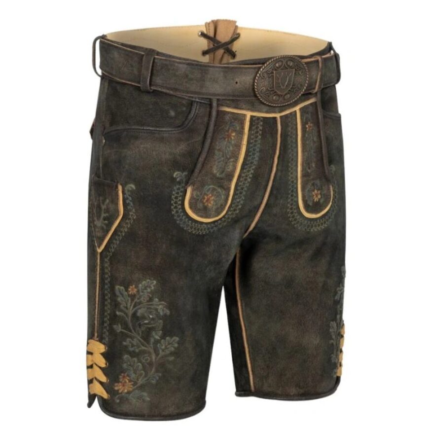 Back-left view of Alpine Warrior leather shorts featuring traditional German stitching and pocket crest