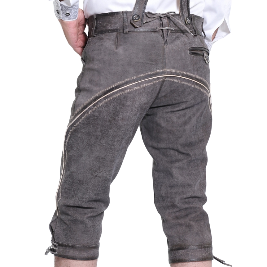 Rear perspective with curved back seam, side pocket, and leather belt loops.