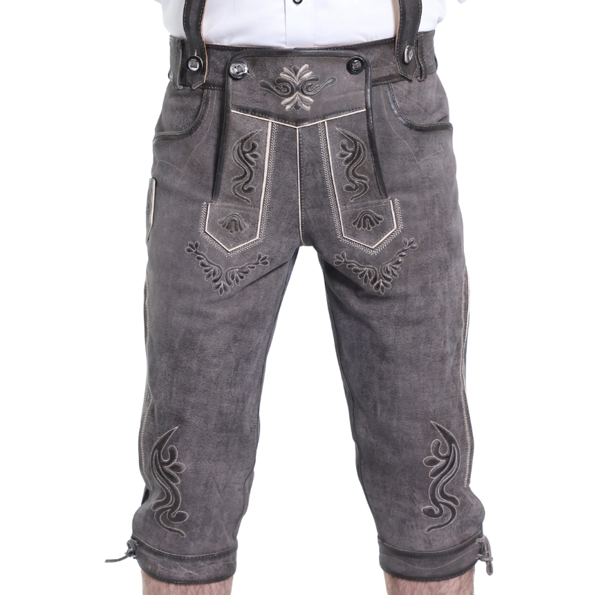 Grey bundhosen with embroidered drop-front flap and contrasting trim embroidery along knees.
