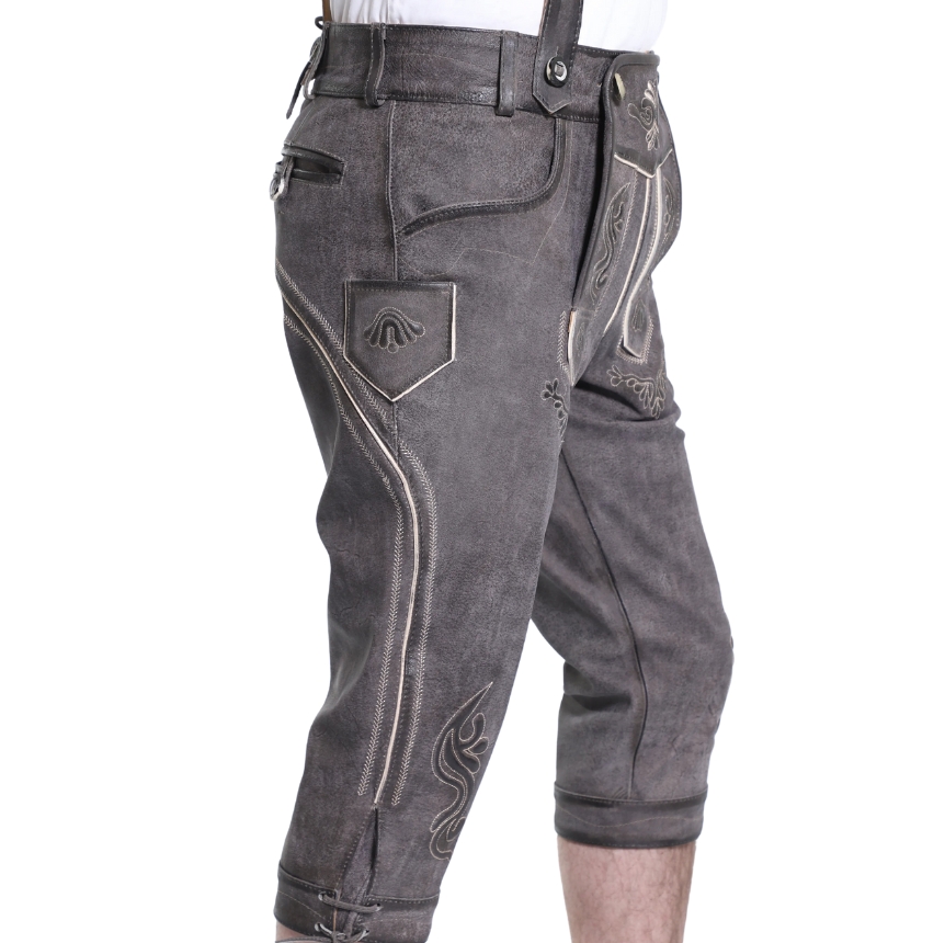 Embroidered pocket and seam detail of grey leather lederhosen with ivory contrast thread.
