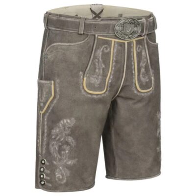 Front-right view of Glacier Stone traditional lederhosen with curved embroidery and cream suede highlights