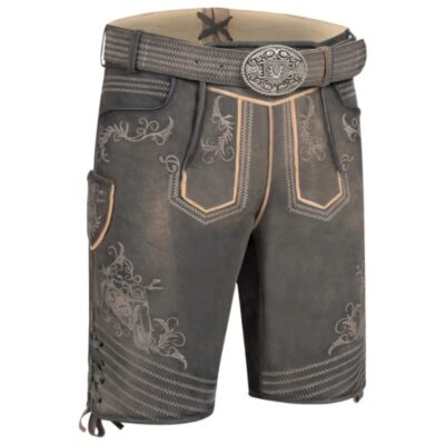 Front-right view of Vintage Charcoal lederhosen showing leg embroidery, wide belt, and precise German craftsmanship
