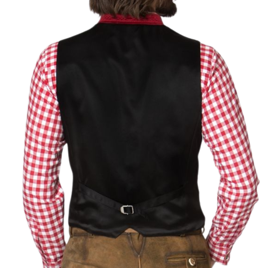 Back view of traditional Bavarian vest with black satin rear and red check shirt.