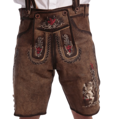 Brown leather lederhosen with intricate embroidery on the front flap, featuring red and white crest motifs and decorative stitching.