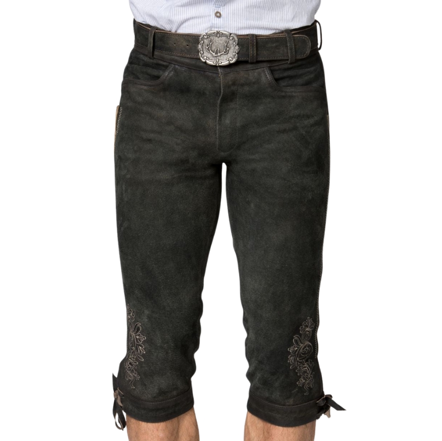 Front view of deep forest green leather bundhosen with an ornate belt buckle, subtle thigh embroidery, and plain front design without suspenders.