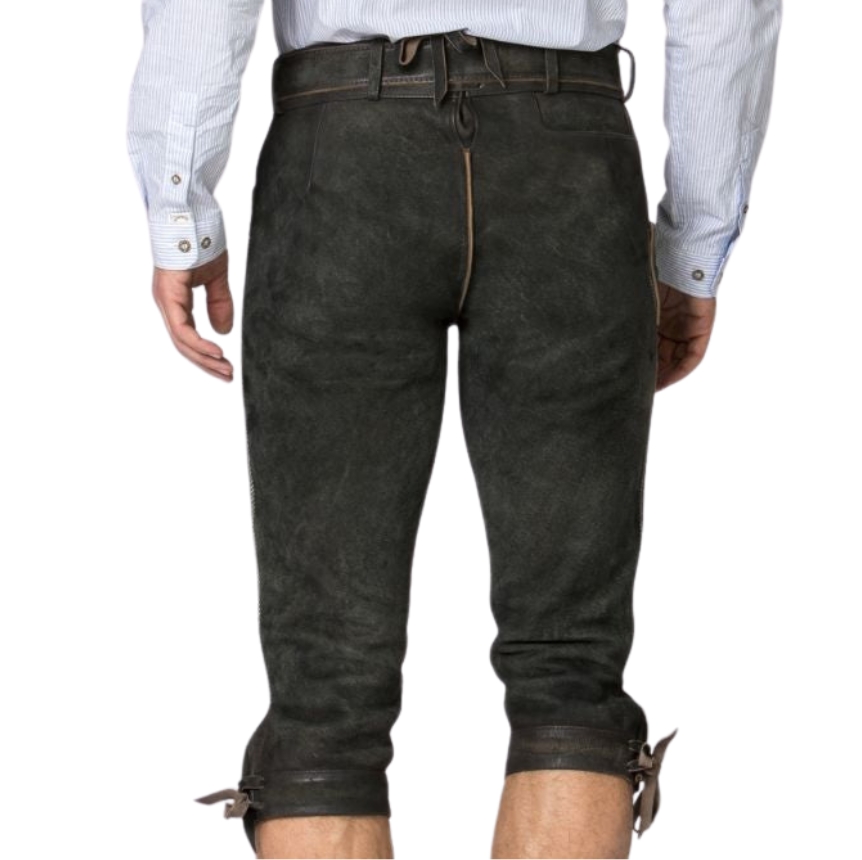 Rear view of deep forest green knee-length Bavarian bundhosen with belt loops, center back seam, and traditional leather tie closures at the knees.