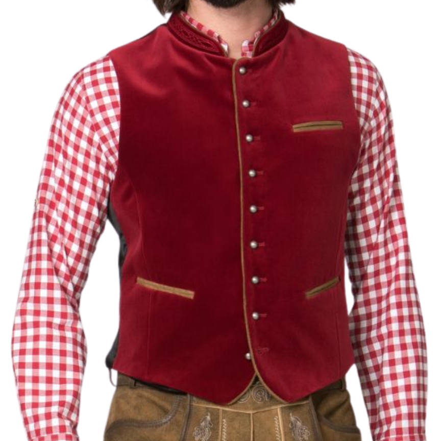 Front view of man in maroon velvet Bavarian vest with horn-style buttons and red check shirt.
