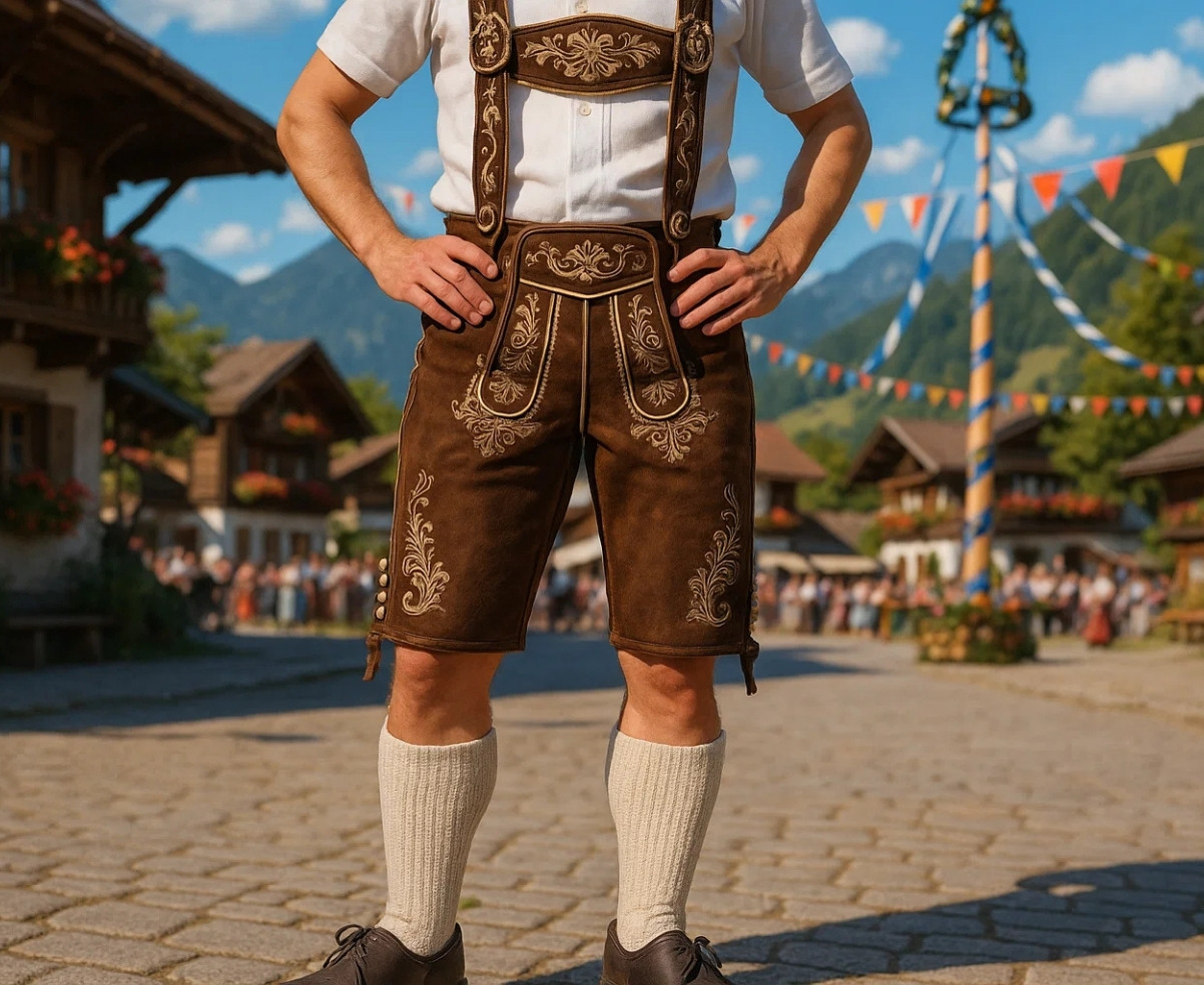 "Close-up of traditional brown Bundhosen with embroidery, worn at an outdoor Bavarian festival with mountains and village in the background."
