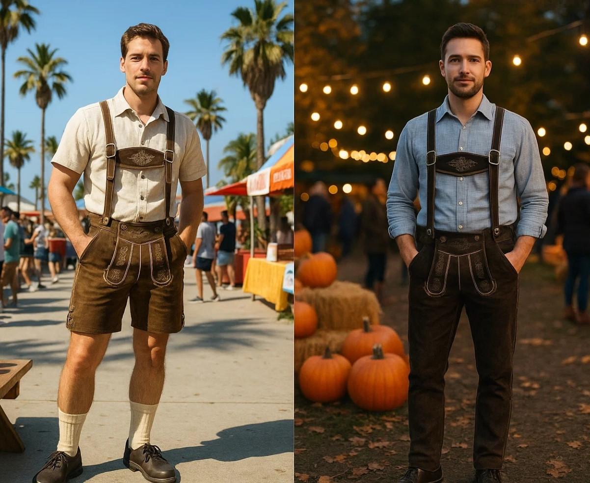 "Bundhosen vs Long Lederhosen shown in warm and cool USA festival settings—daytime in California vs fall evening with pumpkins and lights."