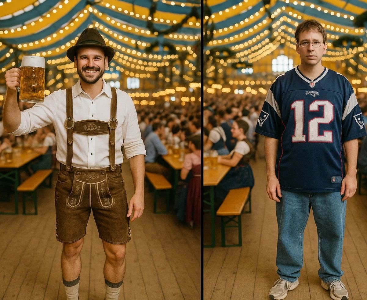 Comparison of man in lederhosen vs man in sports jersey at Oktoberfest tent