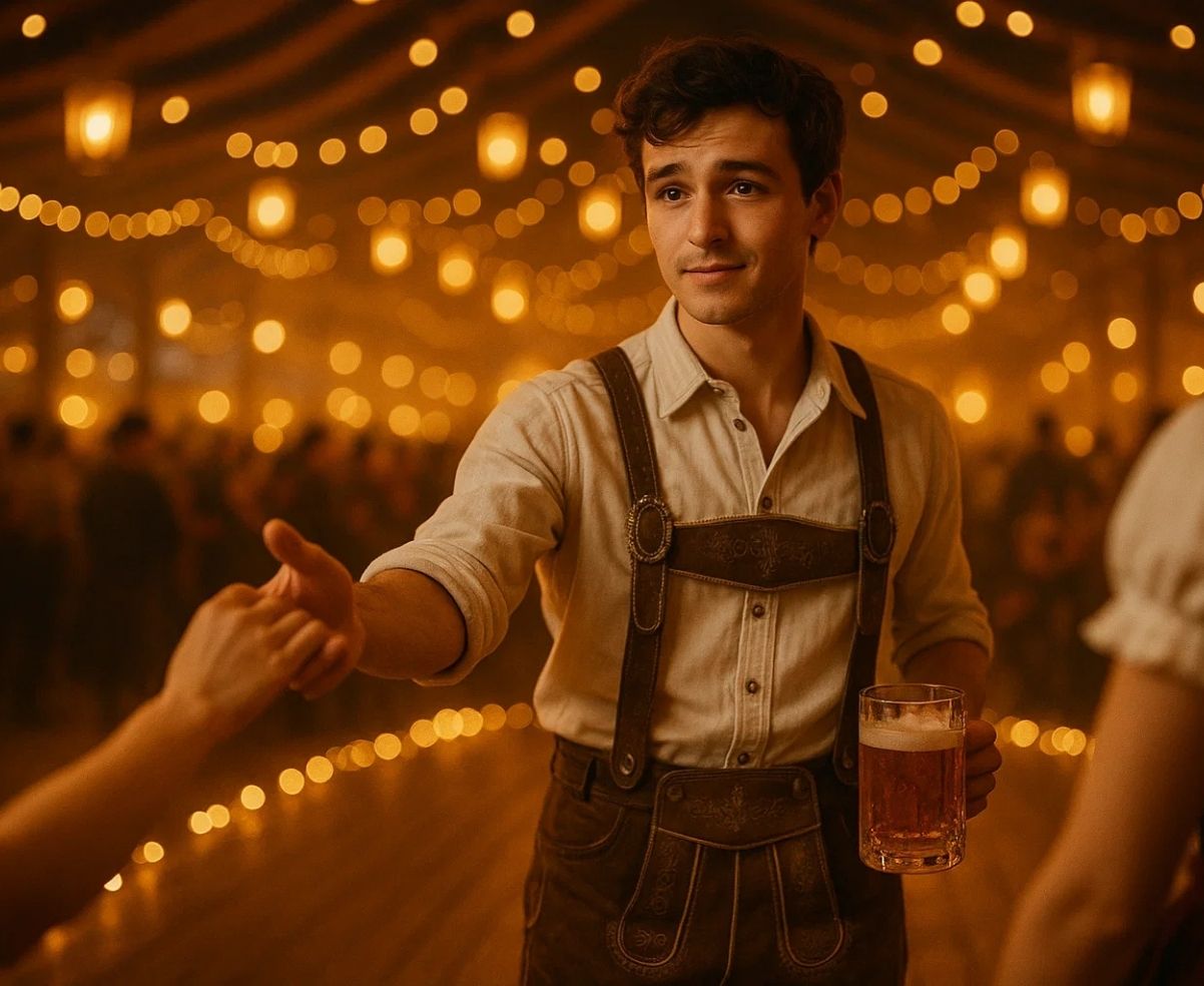 Man in brown Lederhosen inviting woman to dance under Oktoberfest lights