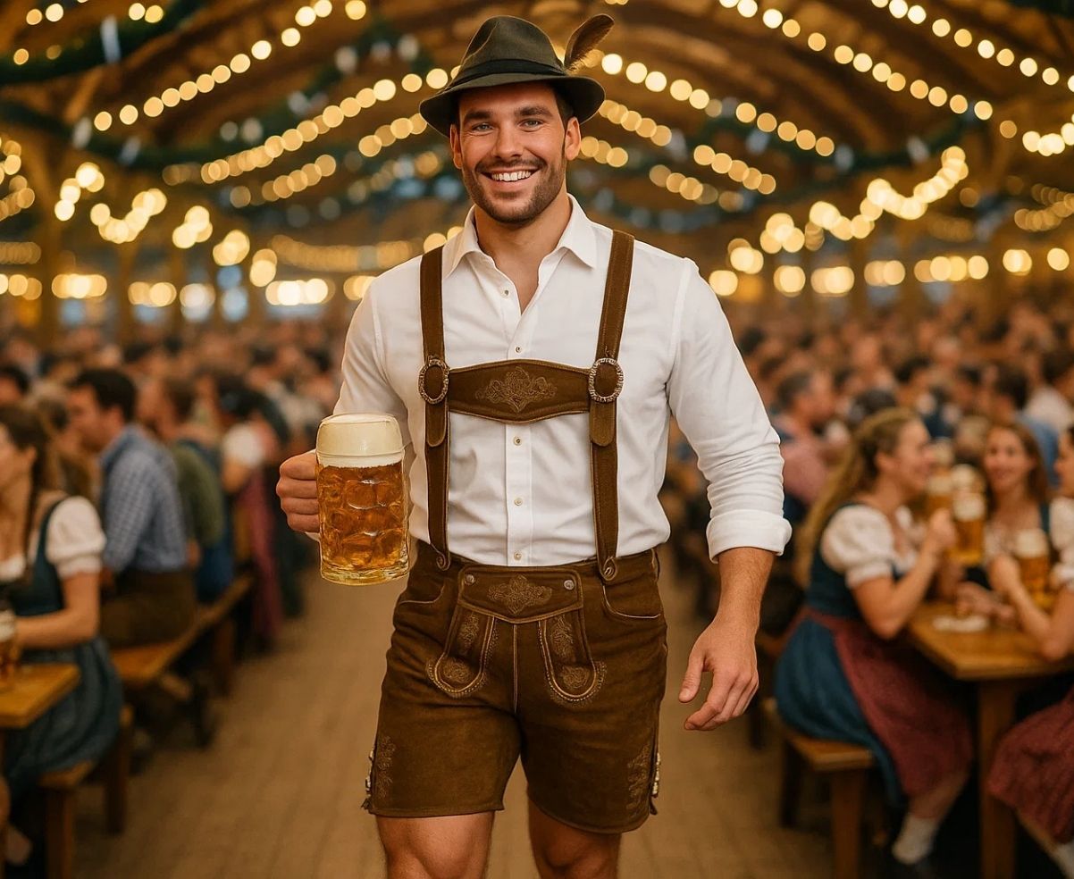 Man wearing authentic lederhosen holding a beer at Oktoberfest tent