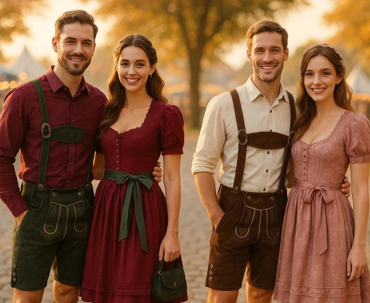 Two couples in matching Bavarian outfits posing outdoors during Oktoberfest