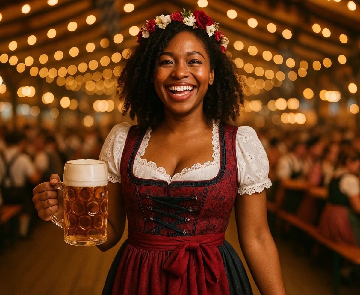 Woman wearing a floral dirndl holding beer at Oktoberfest inside a festive tent