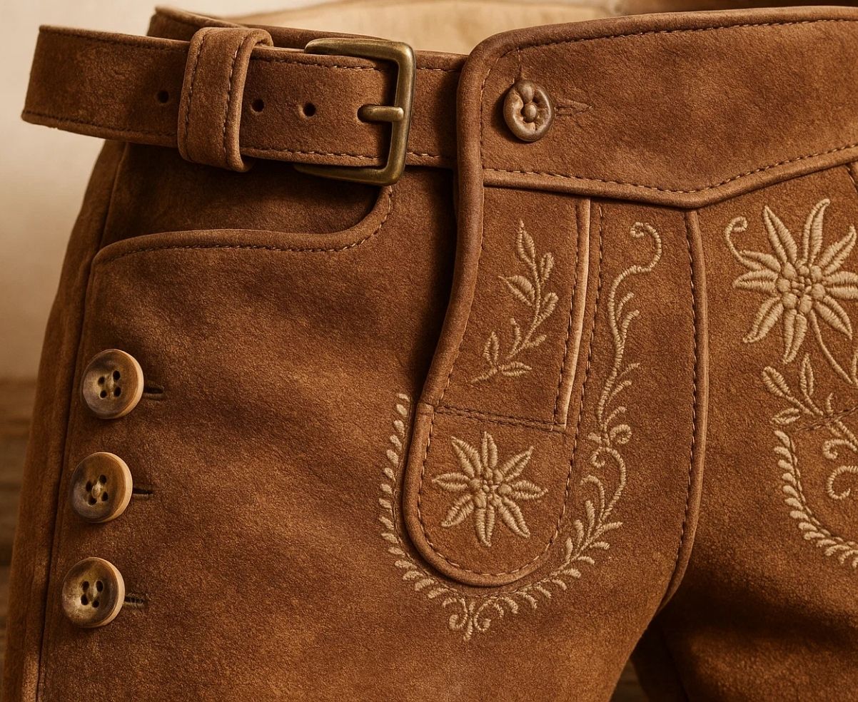 Close-up of authentic lederhosen for men showing Alpine floral embroidery, suede leather texture, and horn buttons